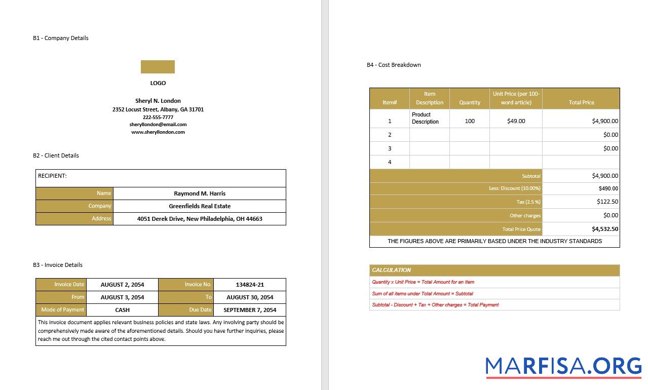 Blank Professional Freelance Writer Invoice Template